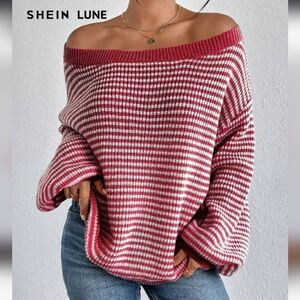 3183 New SHEIN LUNE Women's Striped Printed Turtleneck Pullover Sweater